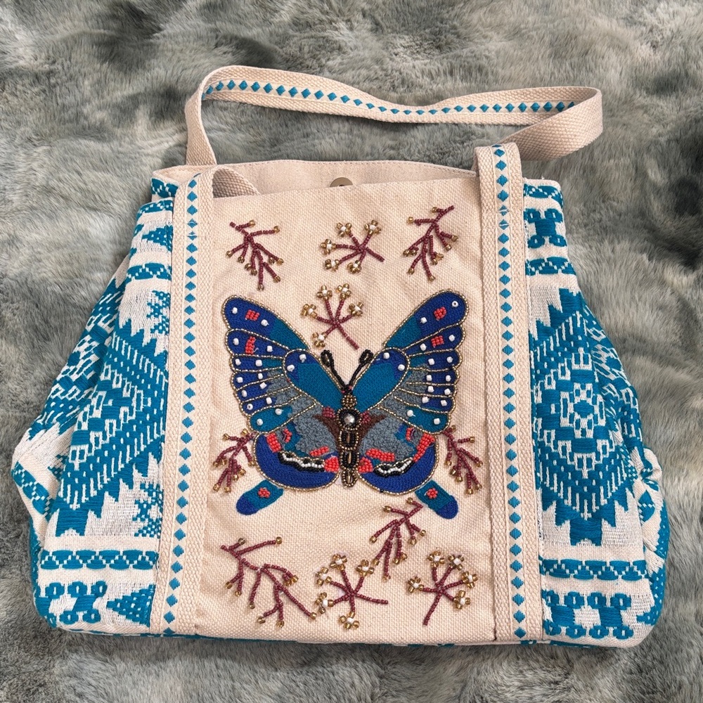 Embroidered Butterfly Canvas Tote Bag - Blue and Cream